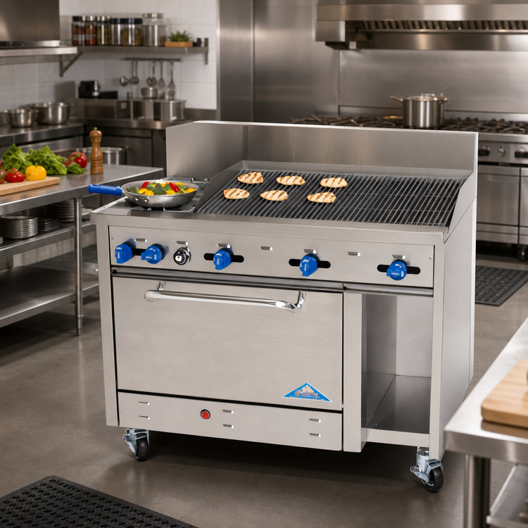 Product image #2 for Comstock-Castle F3430-4RB 48-Inch Commercial Gas Char-Broiler Range with Extra-Wide 31-Inch Oven and 10-Inch Cabinet Storage