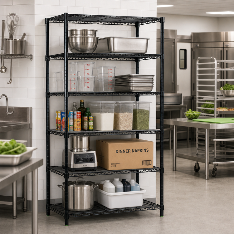 Product image #2 for Quantum 5-Shelf Stationary Wire Shelving Starter Kit, 42"W x 18"D x 74"H, Black Epoxy Antimicrobial