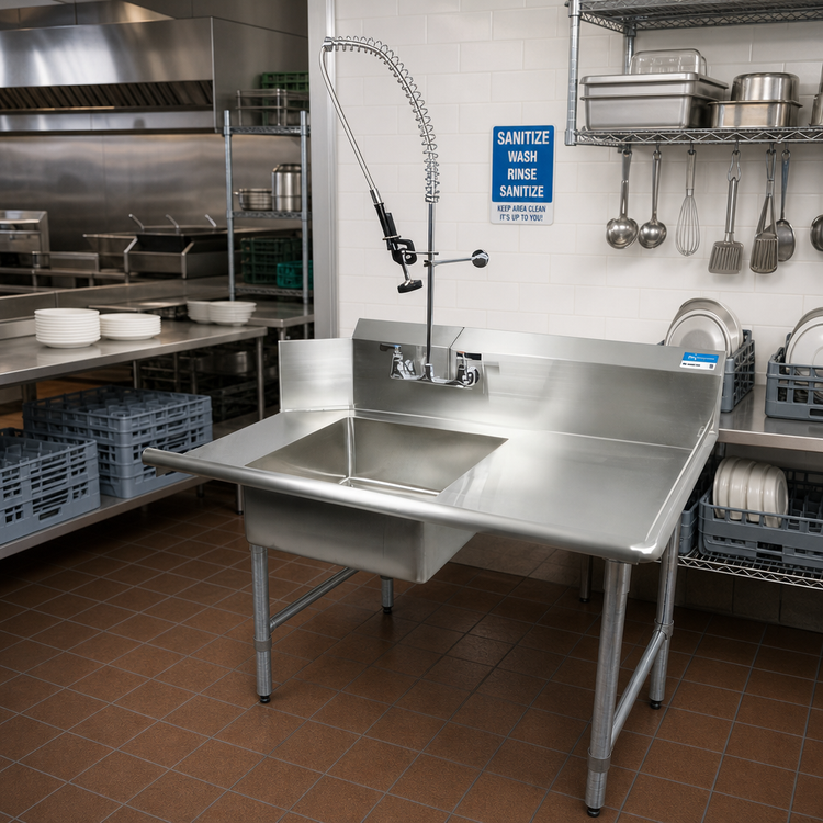 Product image #2 for BK Resources 48-Inch Straight Soiled Dish Table with 20 x 20 x 8 Pre-Rinse Sink, Right-to-Left Operation, and Galvanized Legs
