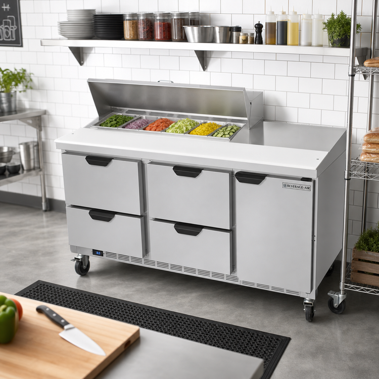 Product image #3 for Beverage-Air 72-Inch Three-Section Sandwich Prep Table Refrigerator with 4 Drawers, 1 Door, and 10-Pan Top