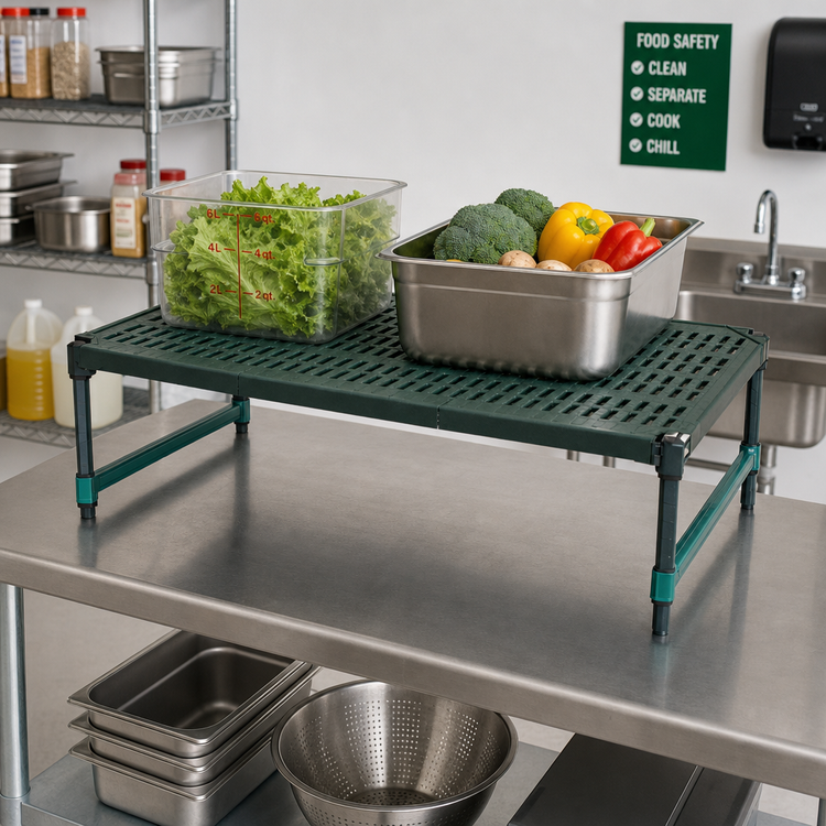 Product image #2 for QuadPlus Mobile Dunnage Rack with Valu-Gard Green Epoxy Posts, Louvered Polypropylene Mat, 800 lb Capacity, 36 x 18 x 14 Inches