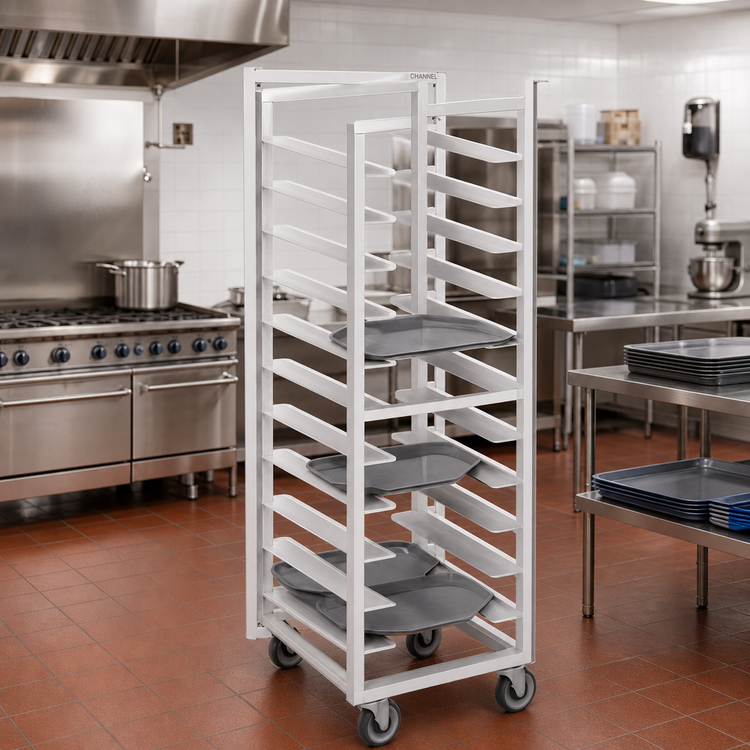 Product image #2 for Channel Manufacturing Trapezoidal Single-Section Aluminum Cafeteria Tray Rack, 40-Tray Capacity, 5-Inch Swivel Casters