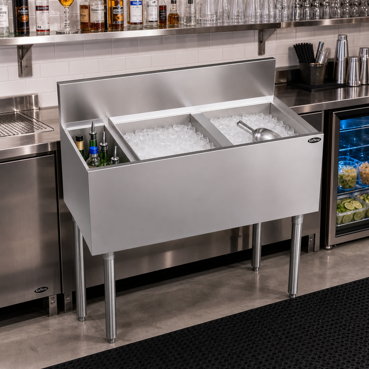 Product image #2 for Krowne Royal Series 38-Inch Underbar Speed Multi-Station Bar Ice Bin with Right-Side 30-Inch Ice Bin and 8-Inch Insulated Bottle Well