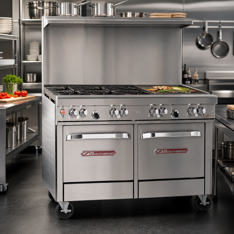 Product image #2 for Southbend Ultimate 48-Inch Gas Restaurant Range with 4 Non-Clog Burners, 24-Inch Griddle, Convection Oven, and Cabinet Base