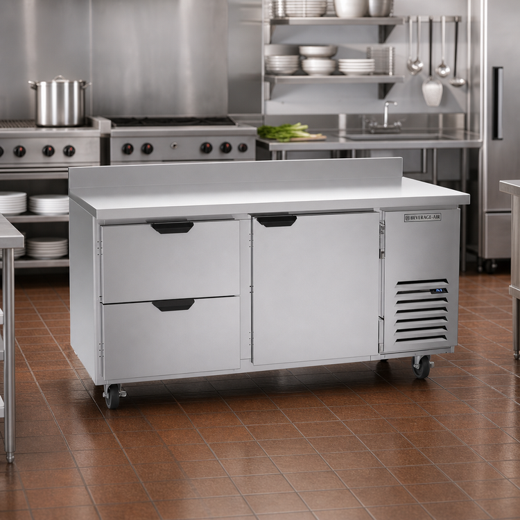 Product image #2 for Beverage-Air 67-Inch Two-Section Worktop Refrigerator with 2 Drawers and 1 Door, Side-Mount Self-Contained, R290