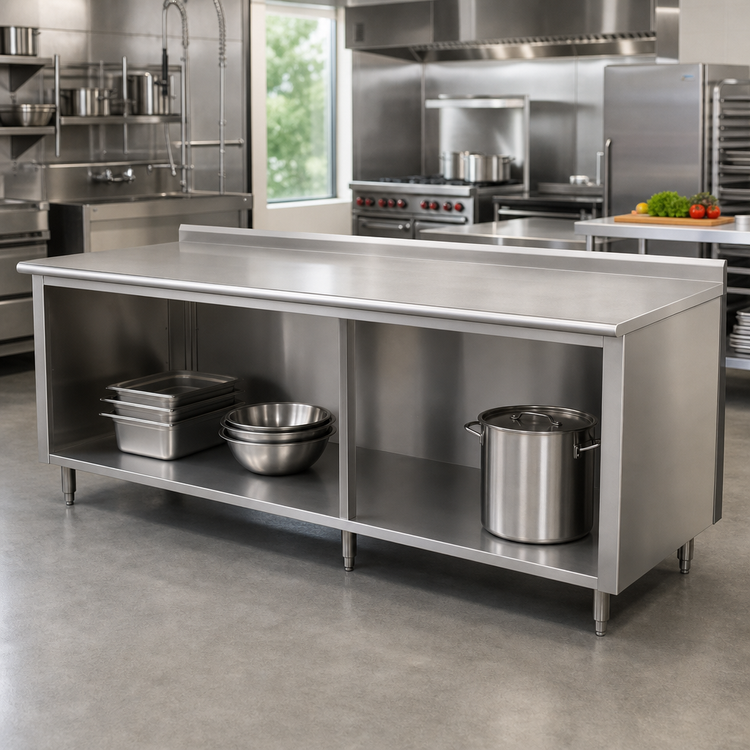 Product image #2 for Advance Tabco 108" x 36" 14-Gauge 304 Stainless Steel Work Table with Open Front Cabinet Base and 1-1/2" Rear Up-Turn