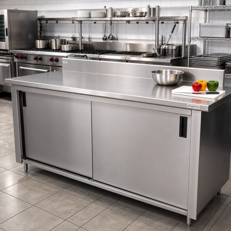 Product image #2 for Advance Tabco 108-Inch x 36-Inch Enclosed Stainless Steel Work Table with Cabinet Base, Sliding Doors, Mid-Shelf, and 5-Inch Backsplash