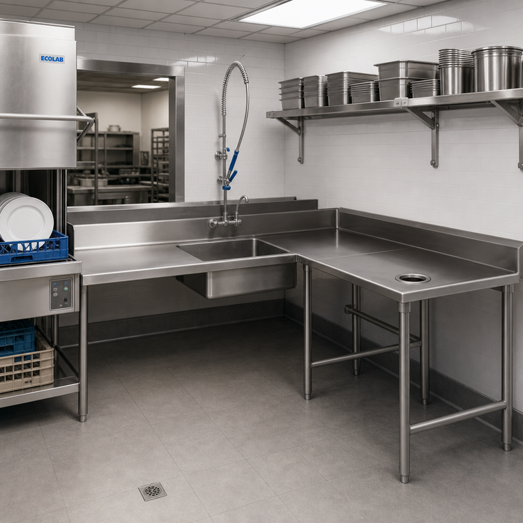 Product image #2 for Eagle Group Corner Soiled Dishtable with Pre-Rinse Sink, 120-Inch Machine-to-Corner, Right-to-Left, 16-Gauge 304 Stainless Steel