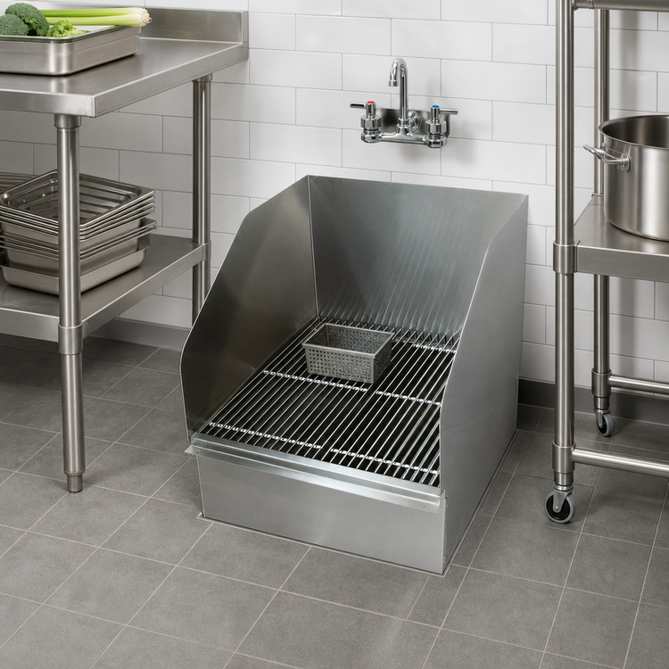Product image #2 for Advance Tabco Flush-With-Floor Mop Sink with 21-3/8 Inch x 24 Inch x 10 Inch Bowl, Stainless Steel Grating and Strainer Basket