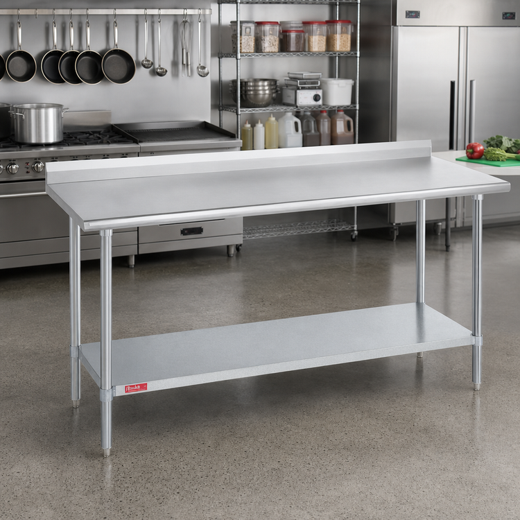 Product image #2 for Duke 120 Inch x 36 Inch 16-Gauge 400 Series Stainless Steel Work Table with 1-1/8 Inch Straight Riser and Galvanized Undershelf