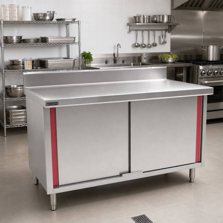 Product image #2 for Spec-Master Marine Series Enclosed Work Table with Cabinet Base and Hinged Doors, 96 x 24 Inches, 4-1/2 Inch Backsplash, 14-Gauge 304 Stainless Steel Top