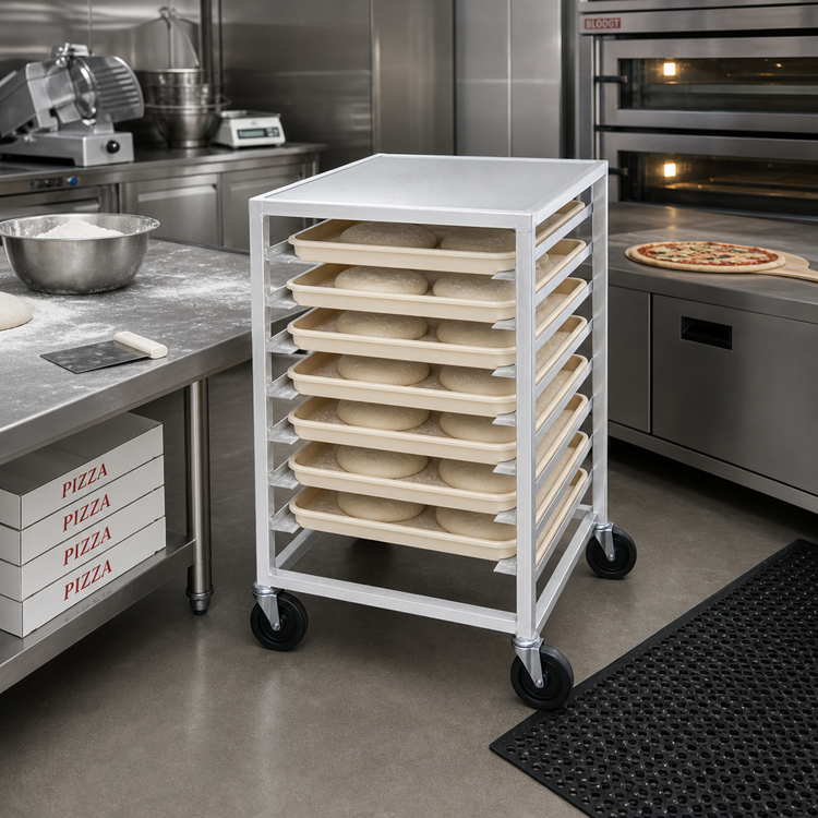 Product image #2 for End-Loading Open-Sided Aluminum Pizza Dough Box Rack, 7-Box Capacity, 5-Inch Casters