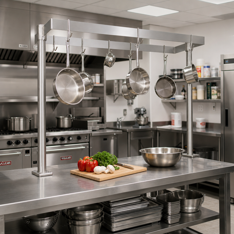 Product image #2 for BK Resources 72 Inch Adjustable 360-Degree Table-Mount Stainless Steel Pot Rack