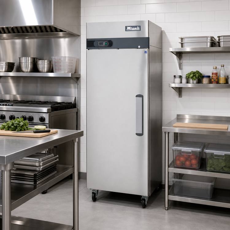 Product image #2 for Migali Competitor Series® 23 Cu. Ft. Single Section Reach-In Refrigerator, Top-Mount Self-Contained, Left-Hand Hinged Solid Locking Door, Stainless Steel