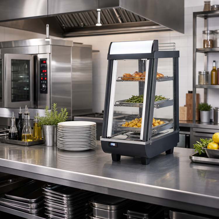Product image #2 for Omcan Countertop Heated Self-Service Hot Food Display Case, 13-Inch Wide, 3 Shelves
