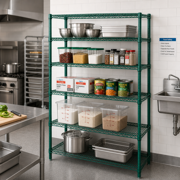 Product image #2 for Quantum Stationary Wire Shelving Starter Kit, 60"W x 30"D x 74"H, 5-Shelf, Green Epoxy Finish