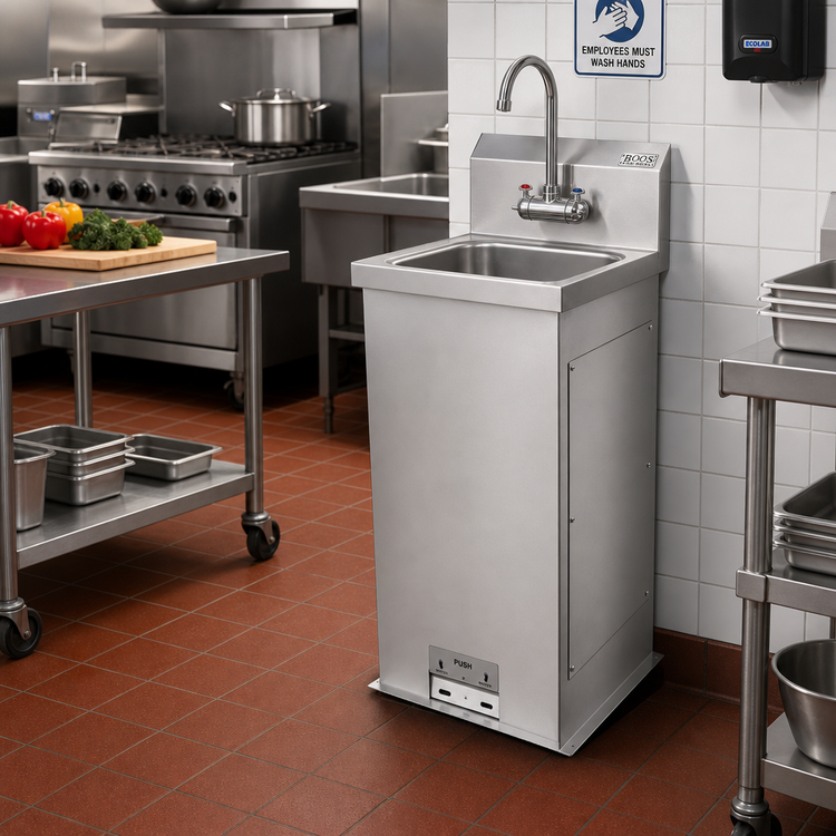 Product image #2 for John Boos Pro-Bowl Floor Mount Stainless Steel Hand Wash Sink with 14 x 10 x 5 Inch Bowl, Faucet, and Foot Valves
