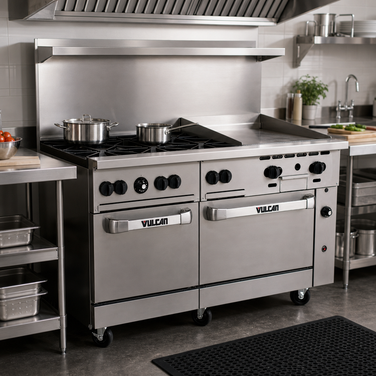 Product image #2 for Vulcan Endurance 60-Inch Propane Gas Restaurant Range with 6 Open Burners, 24-Inch Manual Griddle and 2 Standard Ovens