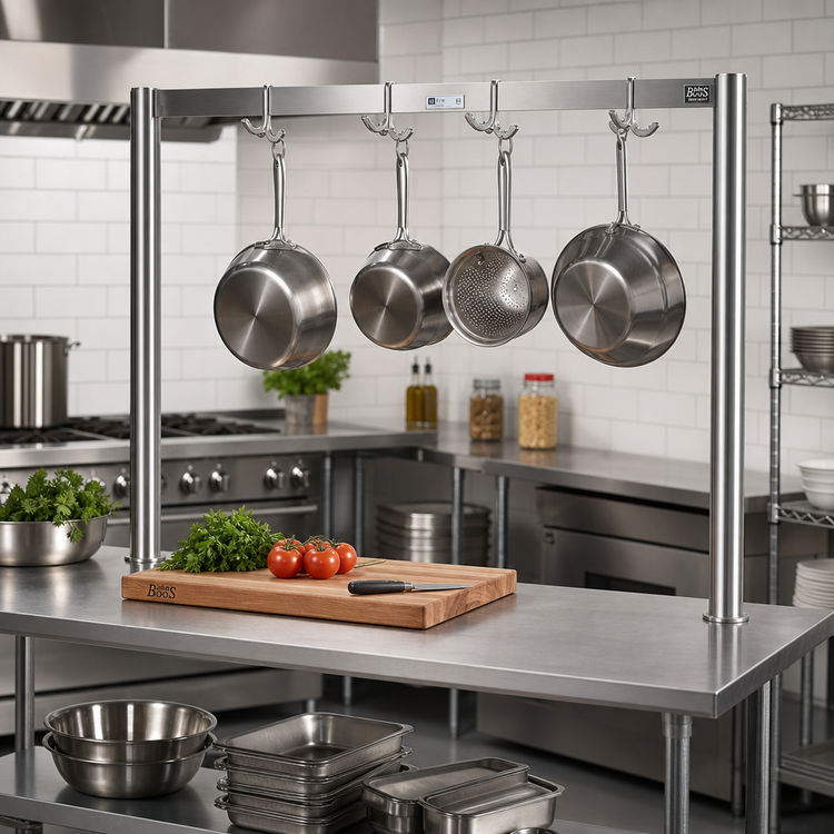 Product image #2 for John Boos PRS2 Table-Mounted Single-Bar Stainless Steel Pot Rack with 5 Double Hooks