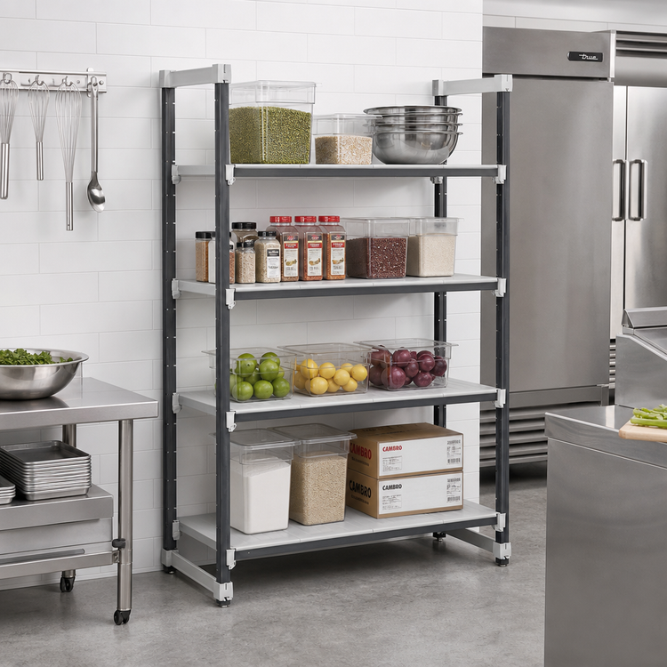 Product image #2 for Cambro Camshelving Elements XTRA 4-Tier Stationary Starter Shelving Unit, 48 x 21 x 64 Inches, Solid Shelves, Speckled Gray