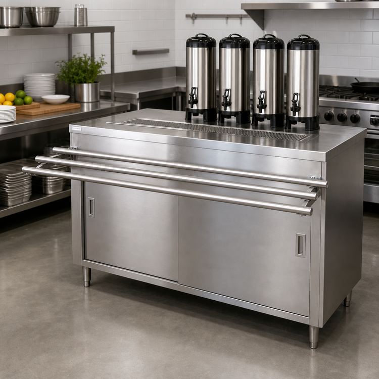 Product image #2 for 72-Inch Stainless Steel Self-Serve Beverage Counter with Sliding Doors and Urn Trough