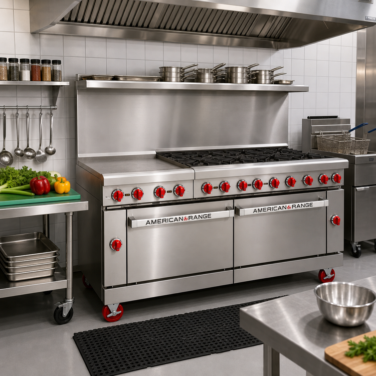 Product image #2 for American Range 72-Inch Commercial Gas Range with 36-Inch Left Griddle, 6 Open Burners, and 2 Convection Ovens