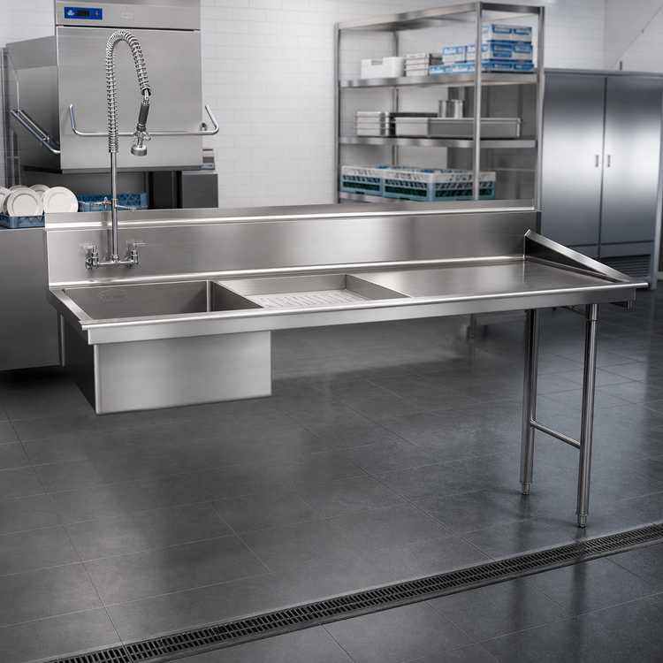 Product image #2 for Straight Soiled Dishtable with 20 x 20 x 5 Pre-Rinse Sink, 96 x 30 Inches, Right-to-Left, 16-Gauge 430 Stainless Steel Top