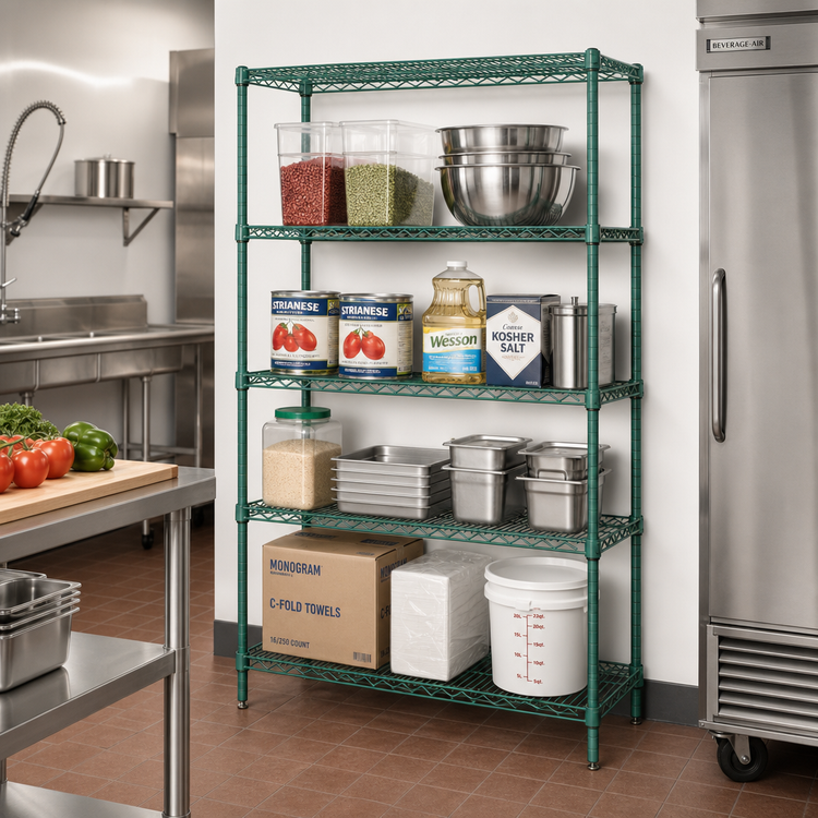 Product image #2 for Quantum Stationary Wire Shelving Starter Kit, 36 in W x 21 in D x 86 in H, 4 Shelves, Green Epoxy Finish