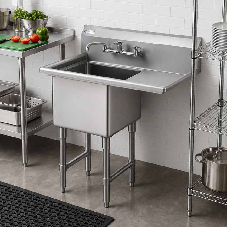 Product image #2 for Steel Works Stainless 1-Compartment Sink with 24-Inch Right Drainboard, 16 x 20 x 12-Inch Bowl, 18-Gauge 304 Stainless Steel