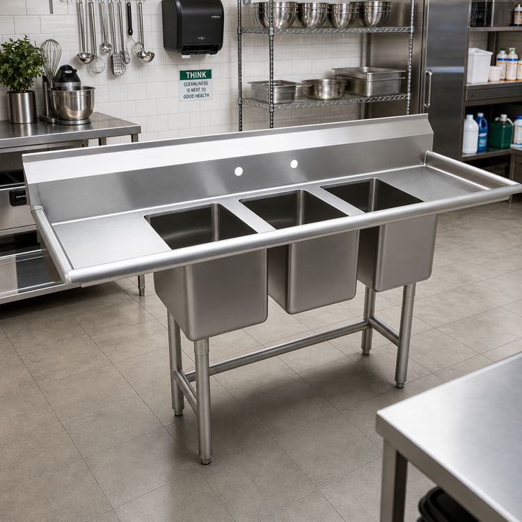 Product image #2 for Advance Tabco 3-Compartment Convenience Store Sink with Dual Drainboards and Open Frame Base, 70-Inch, 304 Stainless Steel