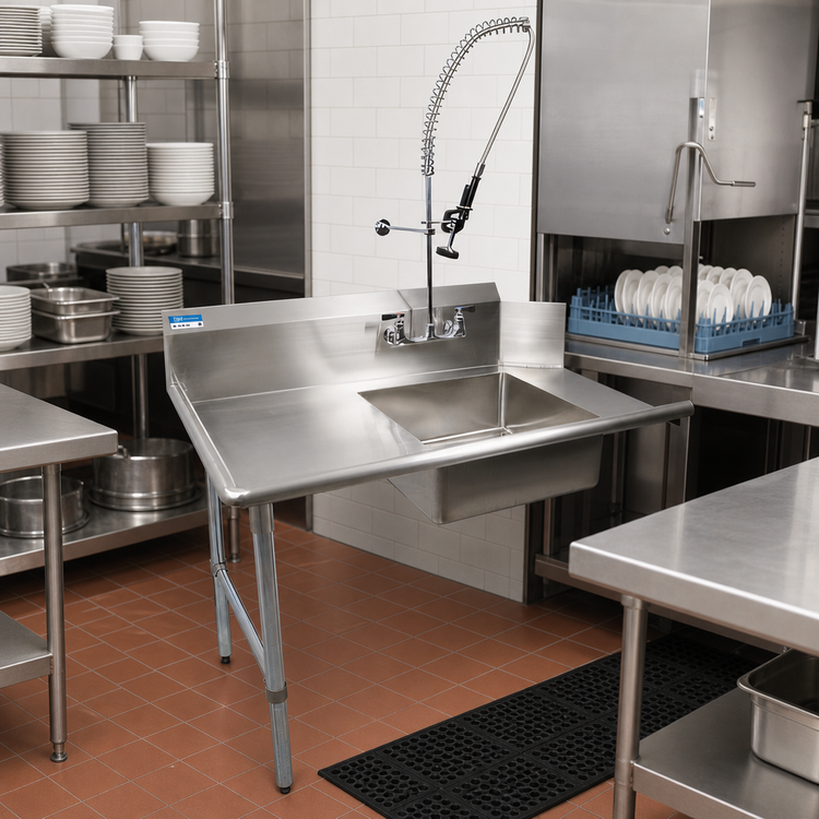 Product image #2 for BK Resources 48-Inch Left-to-Right Straight Stainless Steel Soiled Dish Table with 20 x 20 x 8 Pre-Rinse Sink and 10-Inch Backsplash