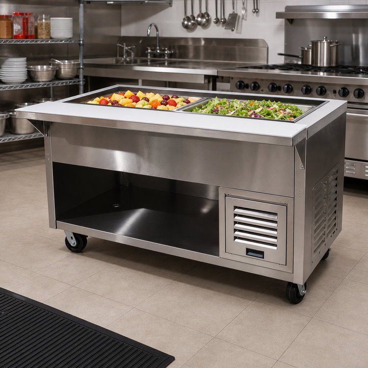 Product image #2 for Advance Tabco 2-Pan Refrigerated Cold Pan Buffet Station with Stainless Steel Top and Open Rear Base, 31-13/16 Inch W x 36-1/4 Inch D x 35 Inch H