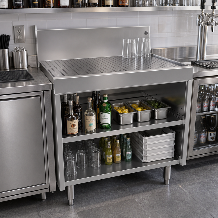 Product image #2 for Glastender 30-Inch x 24-Inch Underbar Drainboard with Open Front Cabinet Base, Stainless Steel