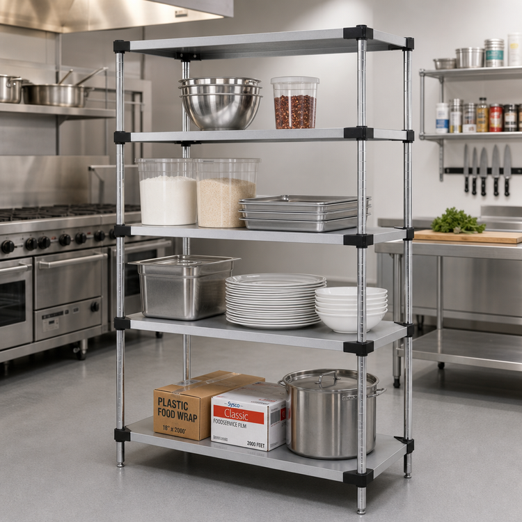 Product image #2 for Quantum Solid Stainless Steel Shelving Starter Kit, 24"W x 18"D x 63"H, 4 Shelves, 4 Posts