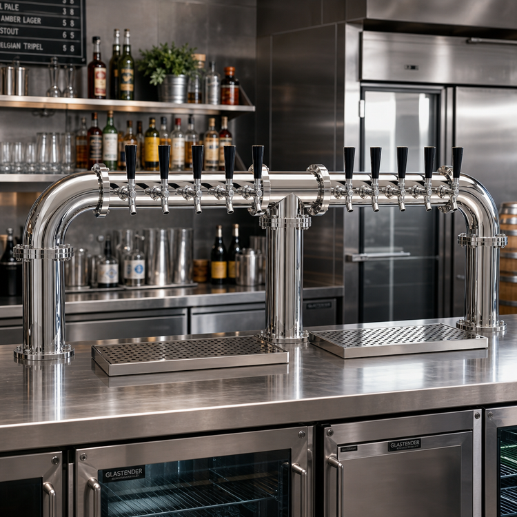 Product image #2 for Glastender Pipe Bridge Countertop Draft Dispensing Tower, 10 Faucets, 3 Columns, Glycol-Cooled, Mirror Finish