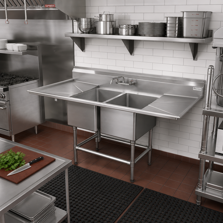 Product image #2 for Spec-Master FN Series Coved Corner Two-Compartment 14-Gauge Stainless Steel Sink with 36-Inch Left Drainboard