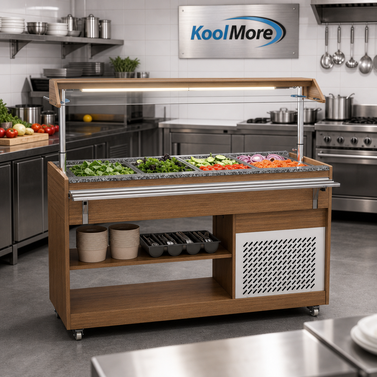 Product image #3 for KoolMore 58.7-Inch Refrigerated Buffet Table with 4 Full-Size GN Pans, Adjustable Sneeze Guard, and Walnut/Granite Finish