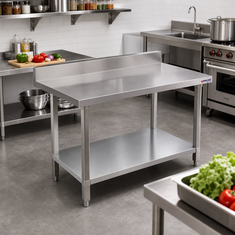 Product image #2 for Omcan Elite Series 30 x 30 Inch Corner Stainless Steel Work Table with 4-Inch Backsplash and Galvanized Undershelf