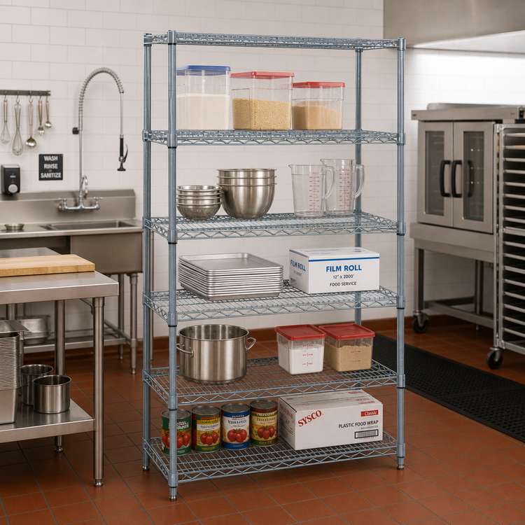 Product image #3 for Quantum Stationary Wire Shelving Starter Kit, 30 Inch W x 21 Inch D x 86 Inch H, 5 Shelves, Gray Epoxy Finish