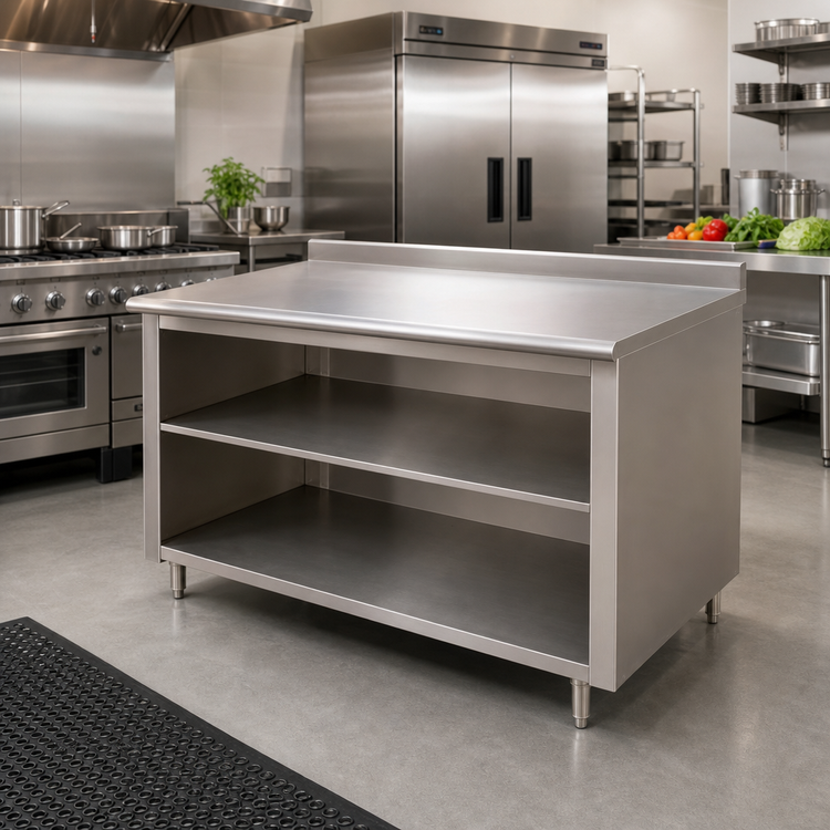 Product image #2 for Advance Tabco 72" x 24" Open Front Cabinet Base Work Table with 14 Gauge 304 Stainless Steel Top and 1-1/2" Rear Up-Turn