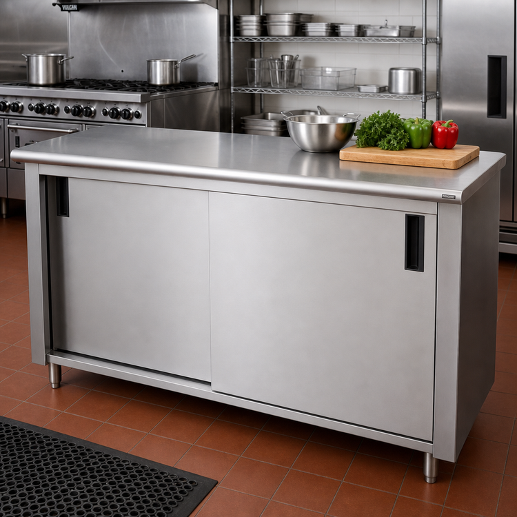 Product image #2 for Advance Tabco 84-Inch x 24-Inch Enclosed Work Table with Cabinet Base, Sliding Doors, and 14-Gauge 304 Stainless Steel Top