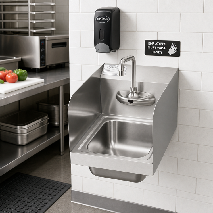Product image #2 for Krowne Wall-Mounted Stainless Steel Hand Wash Sink with Electronic Faucet and 9 x 11 x 5 Inch Bowl