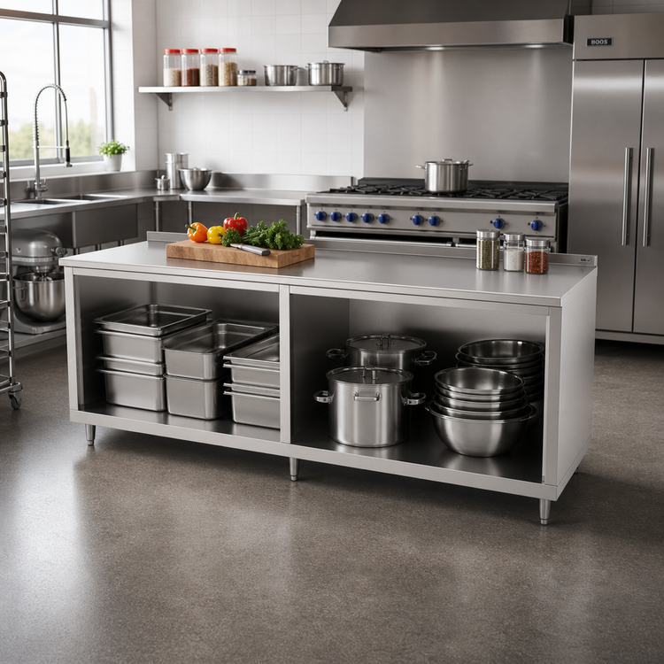 Product image #2 for John Boos Open Front Cabinet Base Work Table, 132 x 36 Inches, 16 Gauge Stainless Steel Top, 1-1/2 Inch Rear Riser