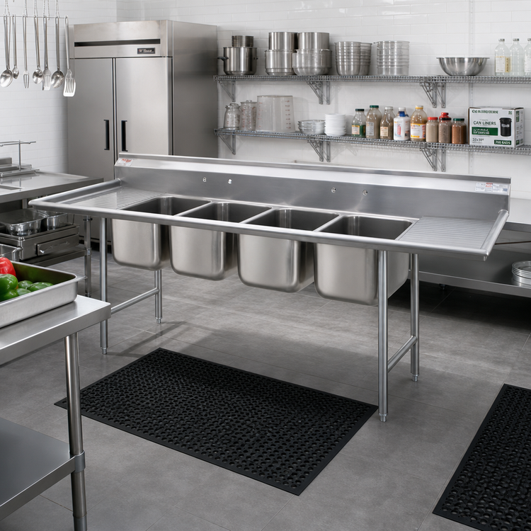 Product image #2 for Eagle Group 414 Series Coved-Corner Four-Compartment Stainless Steel Sink with Dual 24-Inch Drainboards, 128 Inches Wide