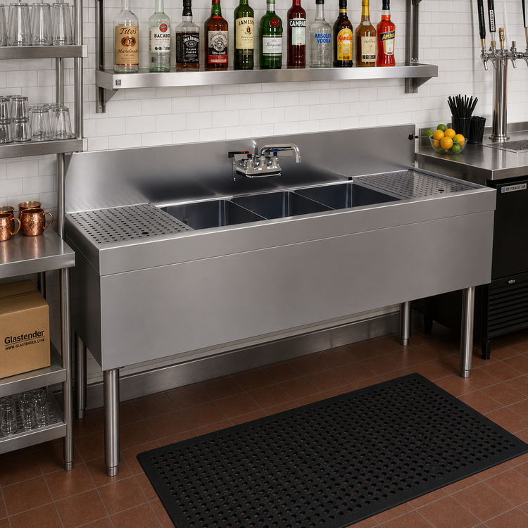 Product image #2 for Glastender Three-Compartment Underbar Sink Unit with Dual Drainboards, 60 Inch W x 19 Inch D