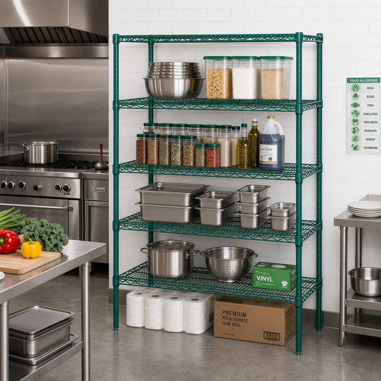 Product image #2 for Quantum 72"W x 18"D x 63"H Wire Shelving Starter Kit, 5 Shelves, Green Epoxy Antimicrobial Finish
