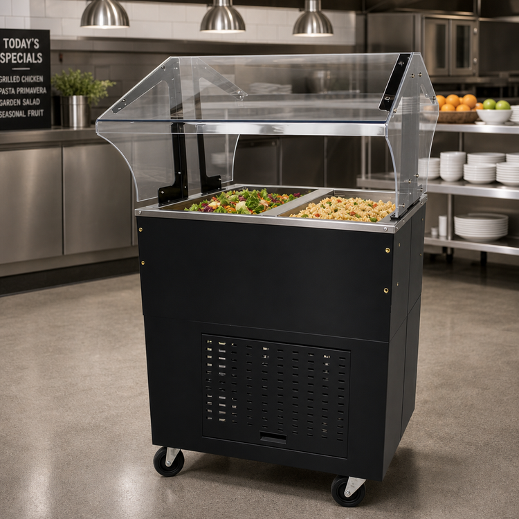 Product image #2 for Advance Tabco Mobile Serving Counter with Mechanically Assisted Cold Pan, 2-Pan Capacity, Double-Sided Sneeze Guard