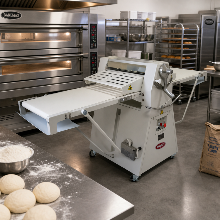 Product image #3 for BakeMax BMFRS02 Floor Model Reversible Dough Sheeter with 20.5 x 79 Inch Belt