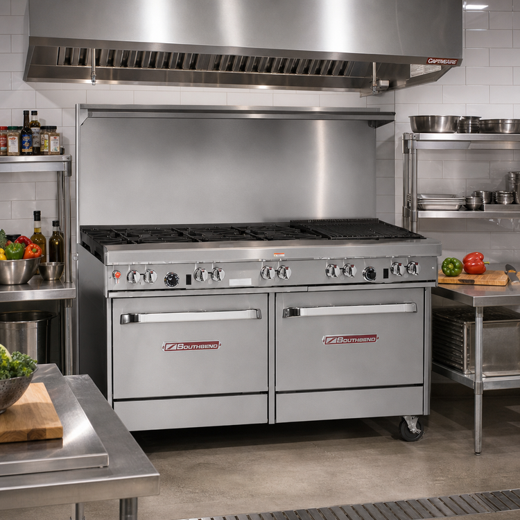 Product image #2 for Southbend Ultimate 60-Inch Gas Restaurant Range with 6 Open Burners, 24-Inch Charbroiler and 2 Convection Ovens