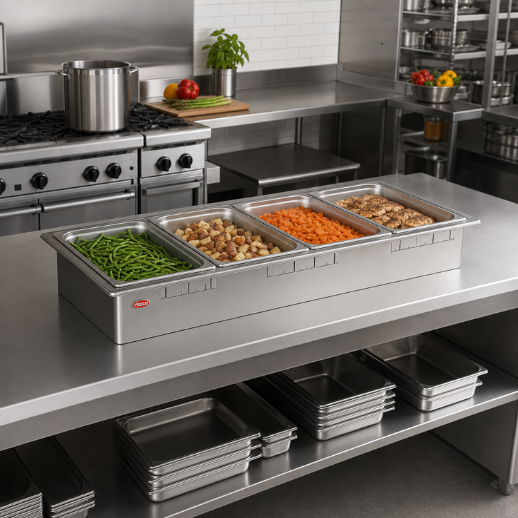Product image #2 for Hatco Top-Mounted Drop-In Rectangular Hot Well with Drain and Auto-Fill, 4 Third-Size Pan Capacity